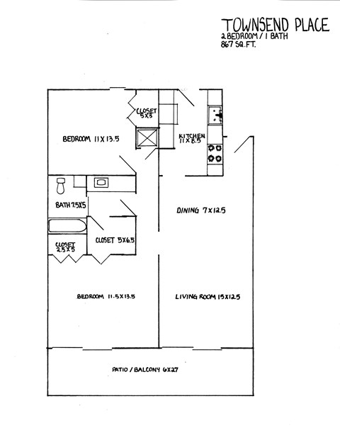Floor plan for 2 beds, 1 bath, 920 sqft